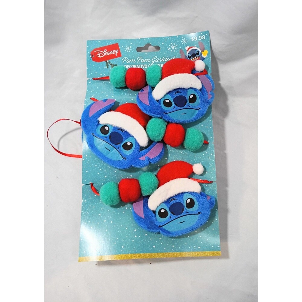 Disney Stitch Christmas Holiday Soft 60" Garland With Pom Poms Santa Hat New